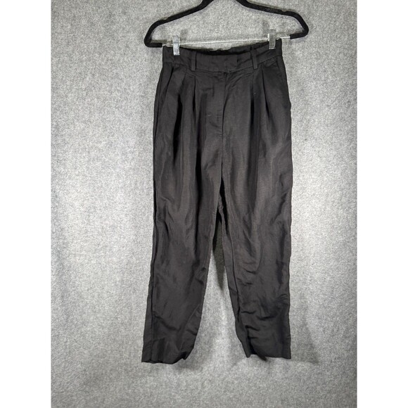 H&M Pants women 4 Black Linen Blend Straight Leg Flat Front Stretch Vacation - Picture 1 of 6